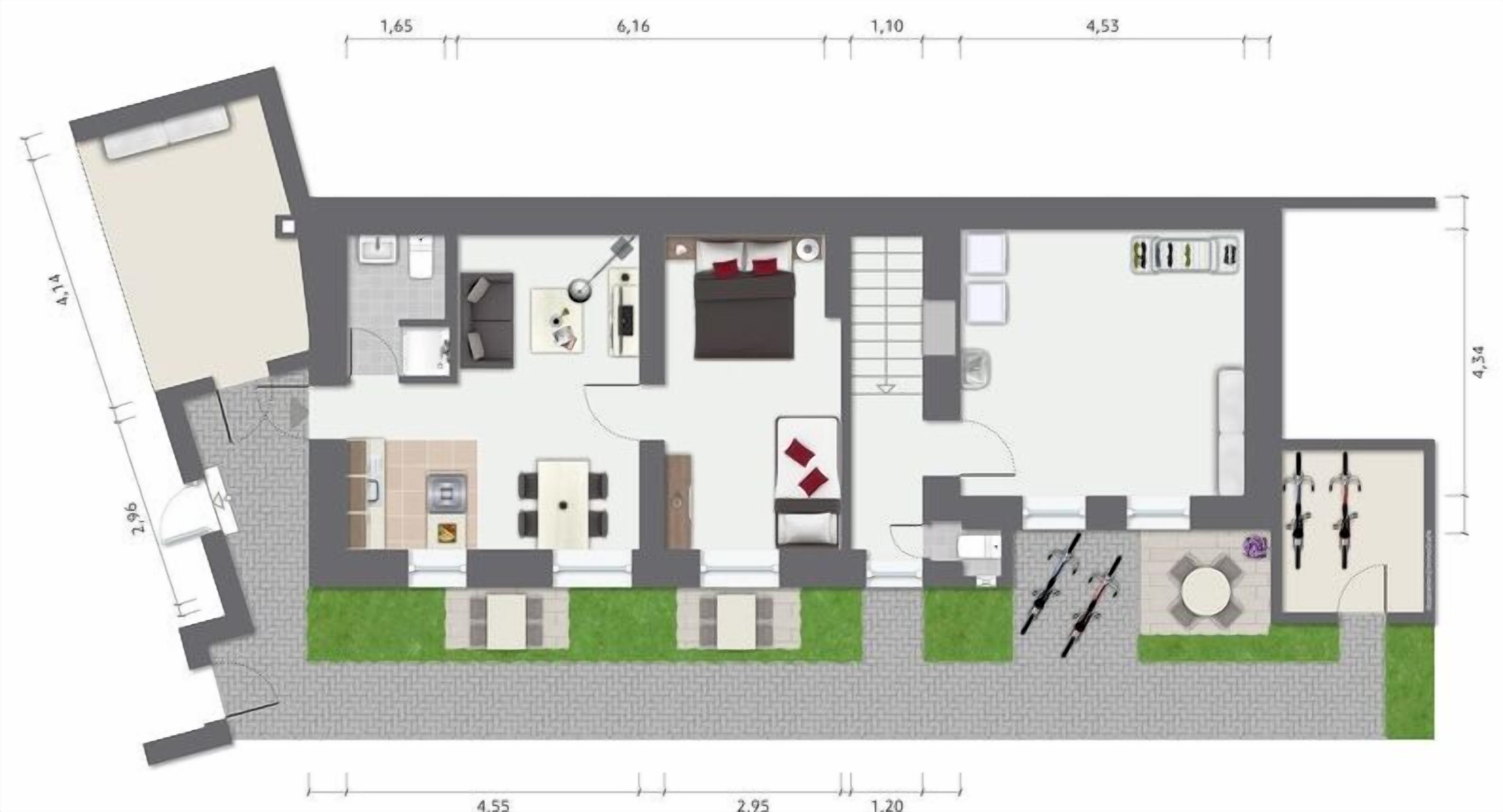 A floor plan of a hotel with a kitchen, dining area, living room, and two bedrooms.