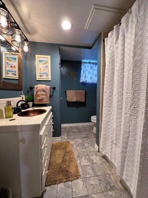 Ein Badezimmer mit Waschbecken, Spiegel und Handtuchhalter. An der Wand befindet sich eine Meerfarn-Dekoration und ein Duschvorhang.