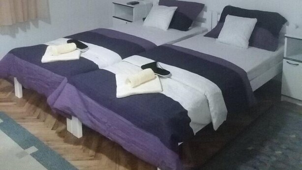 Una stanza con due letti, un soffitto in legno, un comodino con una lampada e un quadro appeso al muro.