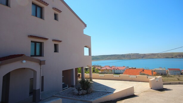 Ein Gebäude mit flachem Dach, vielen Fenstern und Blick auf ein Gewässer.