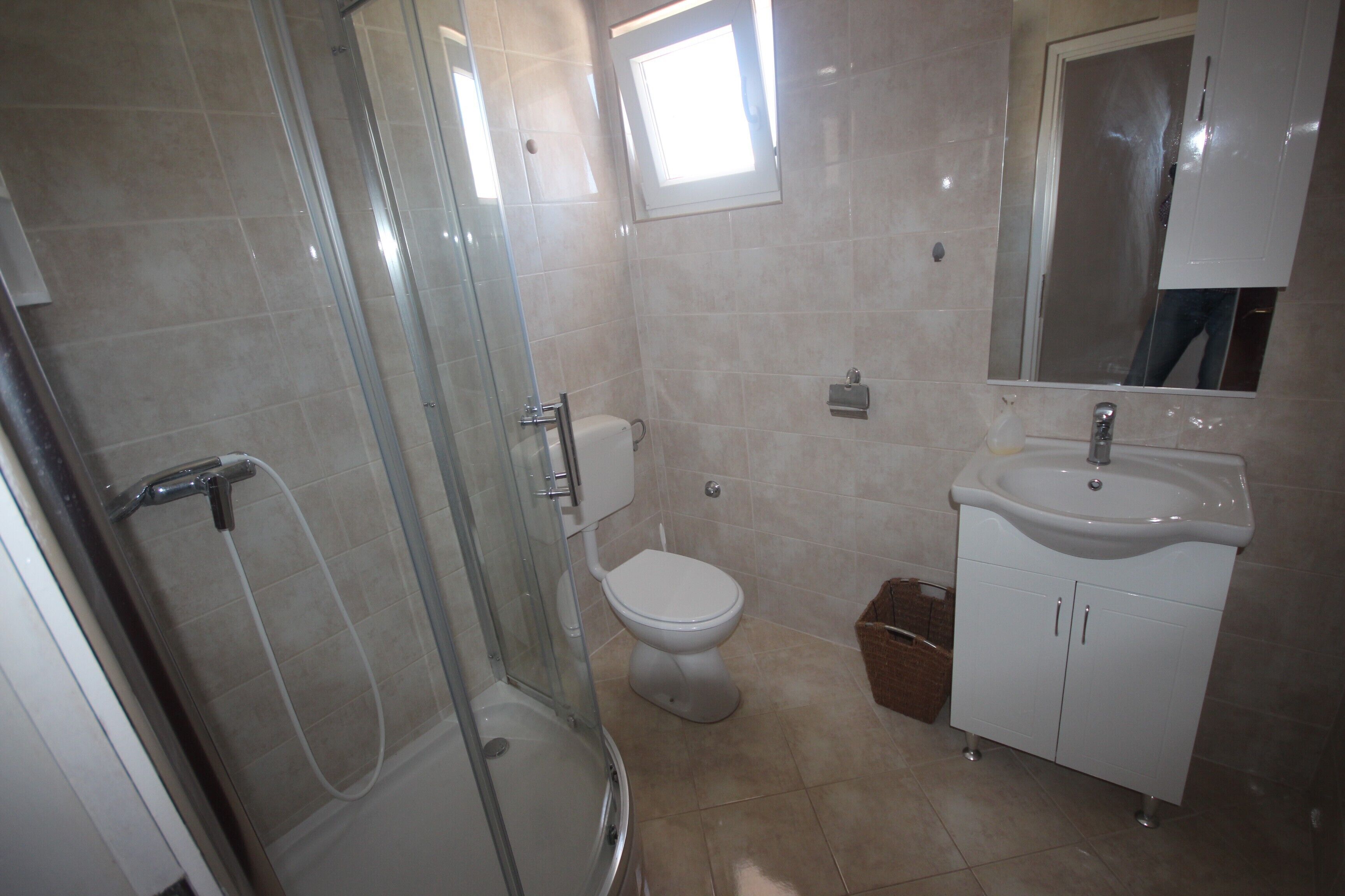 A bathroom with a glass shower enclosure, a toilet, a sink, and a mirror.