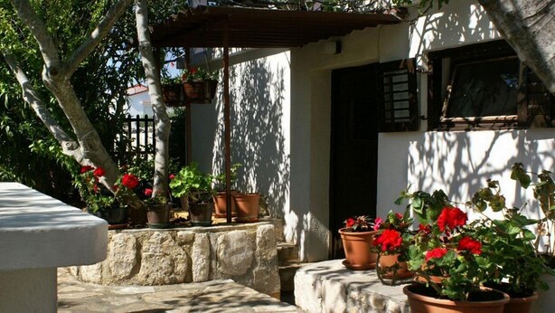 A courtyard with potted plants and a stone bench. - Apartment Rina- Two Bedroom Apartment with Terrace (Mandre)