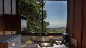 A kitchen with a large window, a sink, and a microwave. - Hotel Flor de Bromelia (Monteverde)
