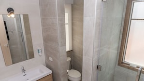 A bathroom with a sink, mirror, toilet, and shower area.