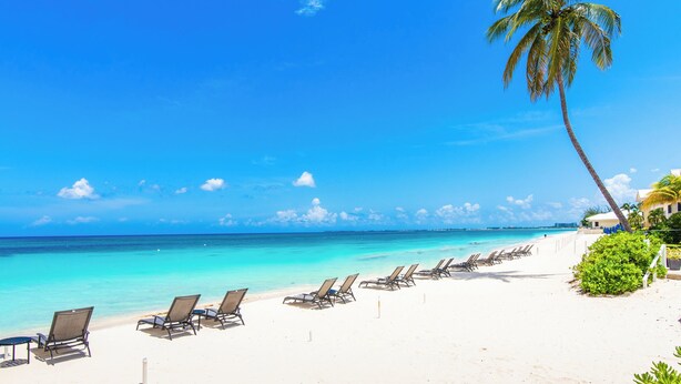 Une plage de sable blanc, une eau turquoise et limpide, et une rangée de chaises longues.