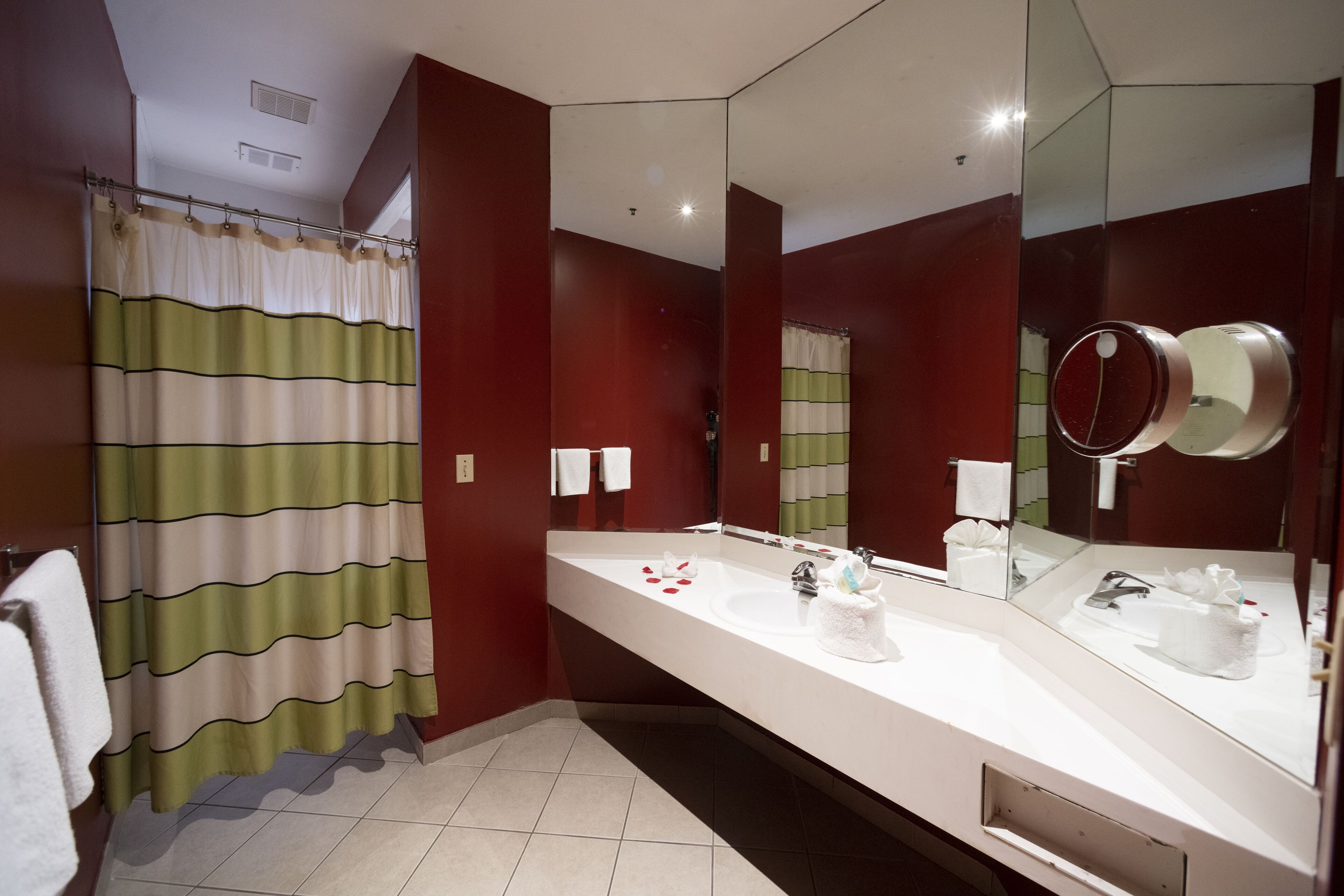 A modern bathroom with a large mirror, two sinks, and a shower curtain.