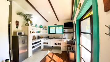 Fridge, microwave, coffee/tea maker, toaster