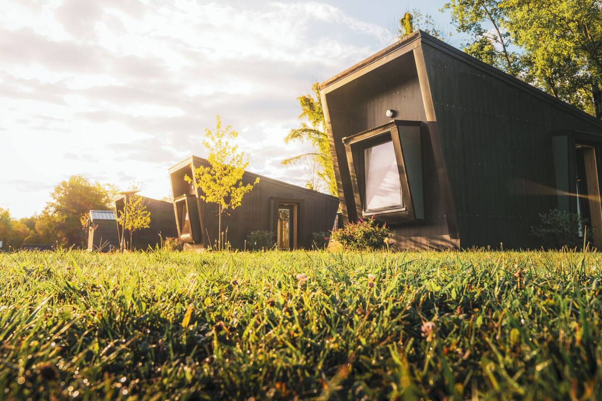 A modern house with a large window and a door, surrounded by grass and trees.