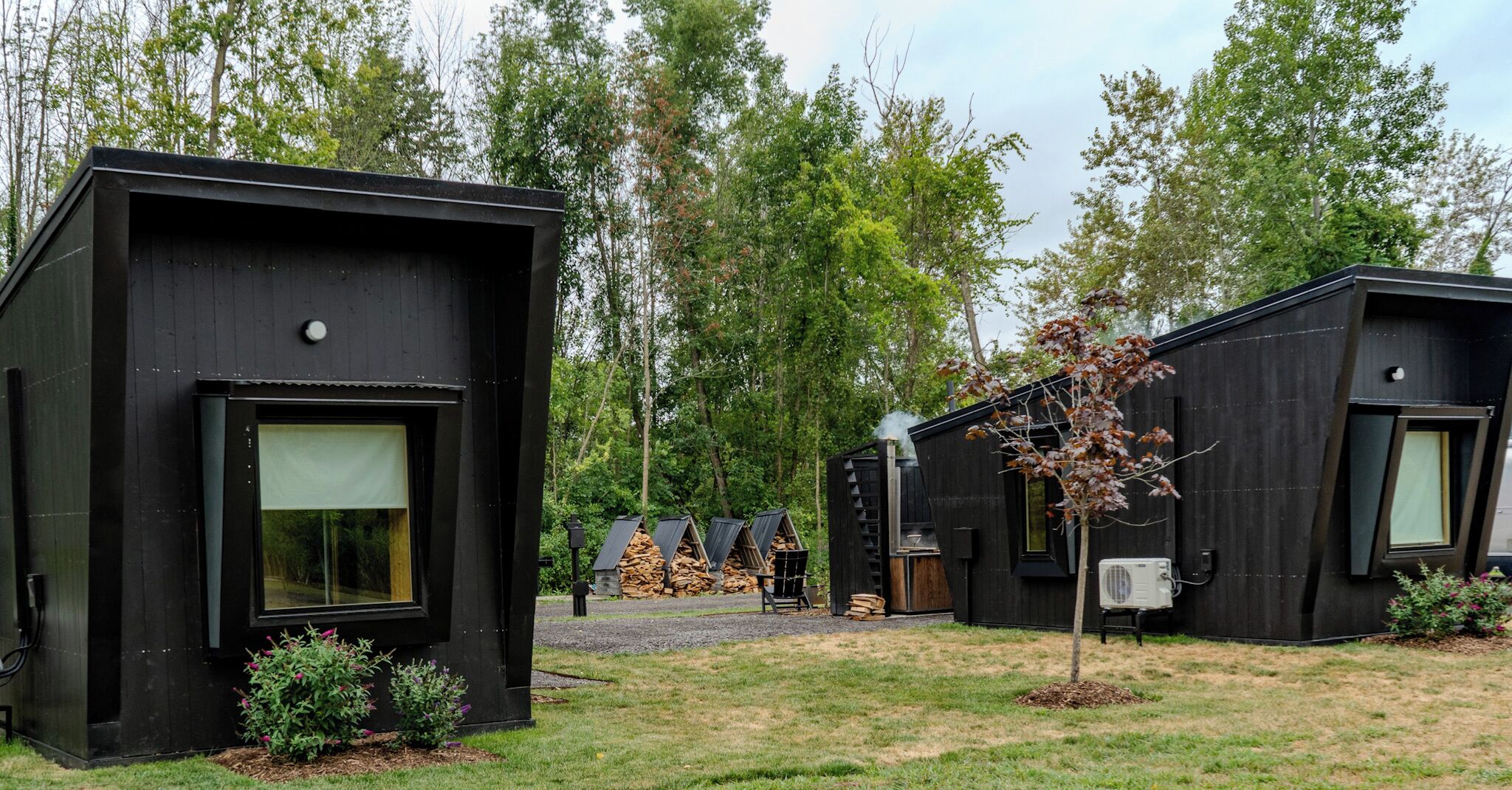 A row of modern, black cabins with large windows, surrounded by a grassy area and trees.