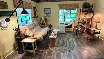 Smart TV, fireplace, books, stereo
