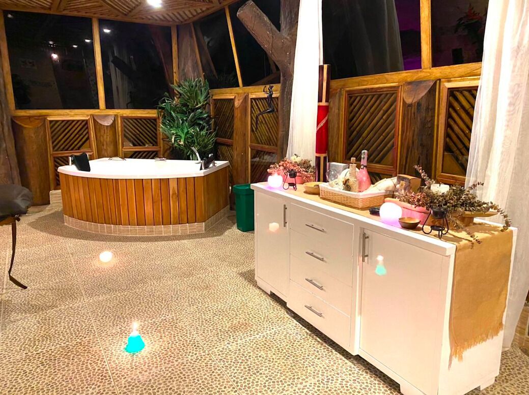 Una habitación con un mostrador de recepción de madera, una planta grande en maceta y un mueble con cajones.