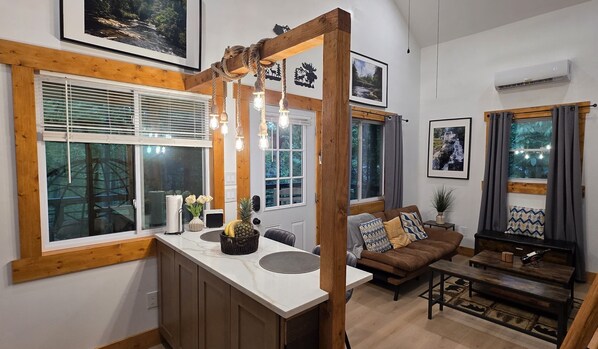 A modern interior with a kitchen area, a sofa, and a dining table.