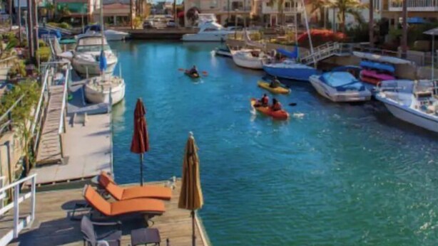 Ein Yachthafen mit vertäuten Booten, eine Pier mit Liegestühlen und Sonnenschirmen, sowie Palmen im Hintergrund.