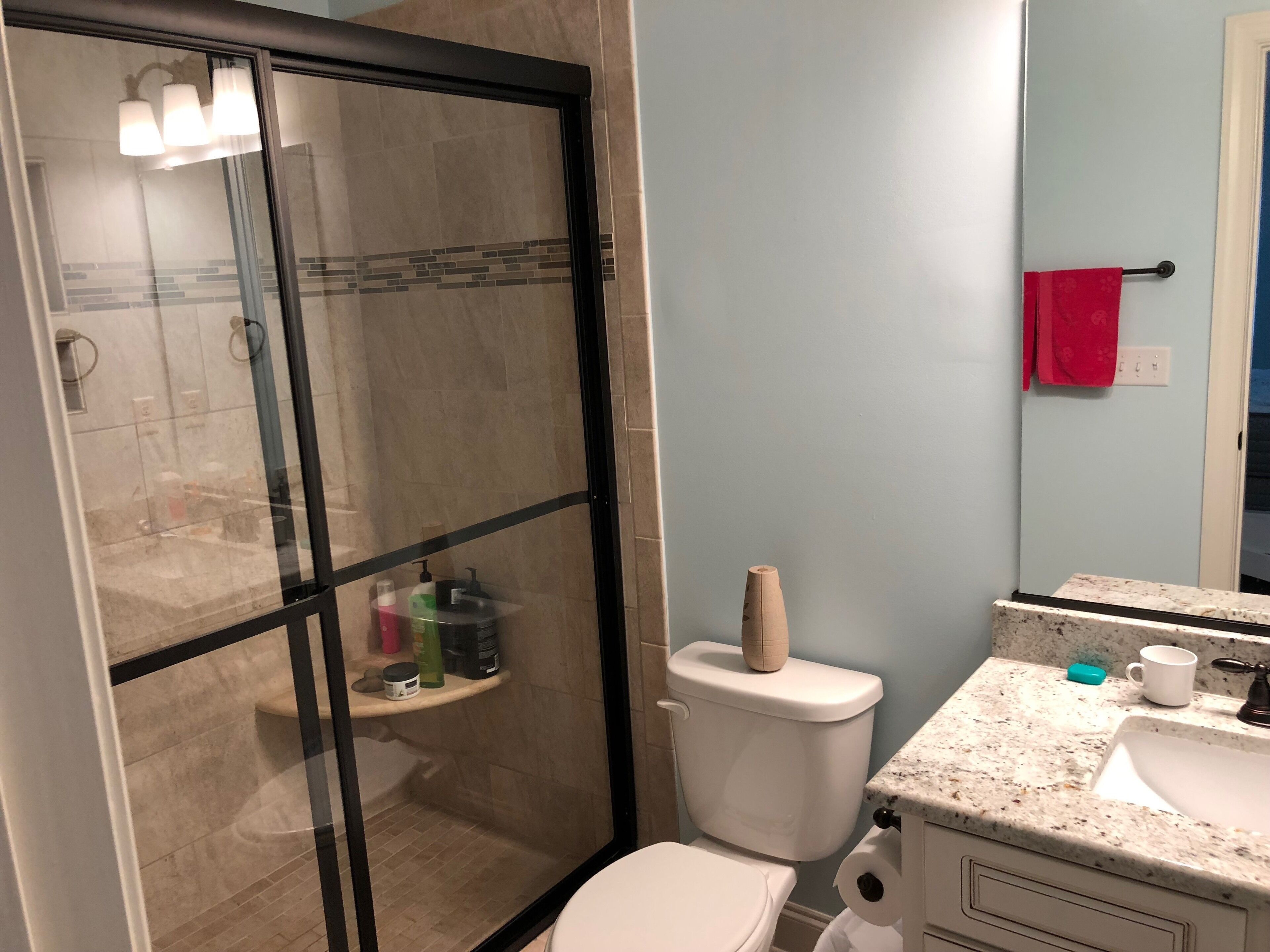 A bathroom with a glass-enclosed shower, a toilet, a sink with a marble countertop, and a mirror.