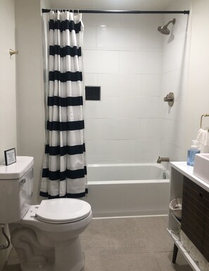 Hair dryer, towels, soap, shampoo