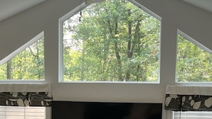 Een woonkamer met een grote flatscreen televisie aan een betegelde muur, aan weerszijden omlijst door twee ramen met zonwering, en een open haard eronder.
