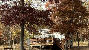 Een houten chalet met terras, omringd door bomen met herfstkleuren.