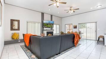 TV, fireplace, video games, foosball