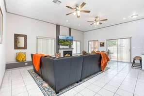 TV, fireplace, video games, foosball