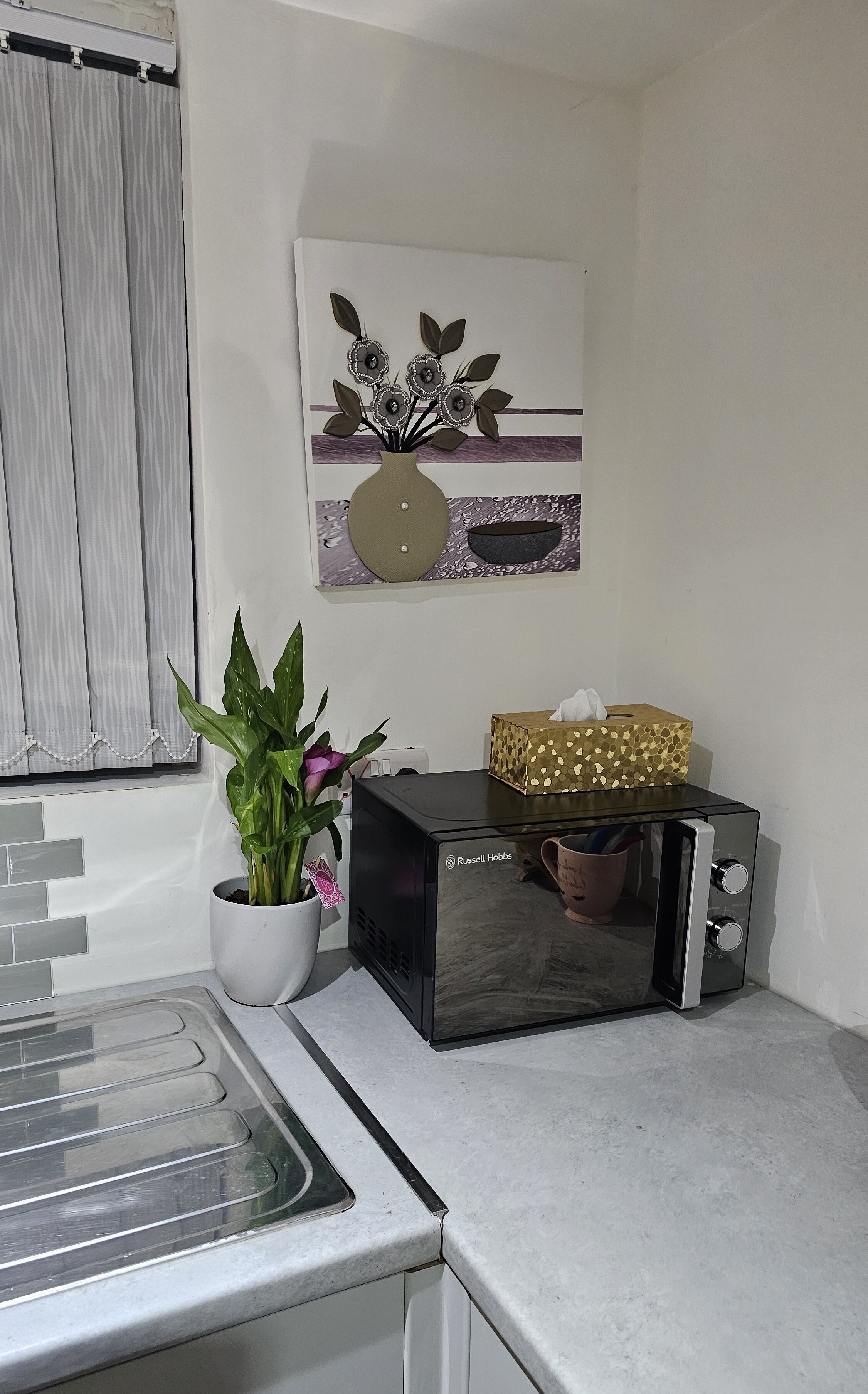Eine Küche mit Mikrowelle, einer Topfpflanze, einer Blumenvase und einem Bild an der Wand.