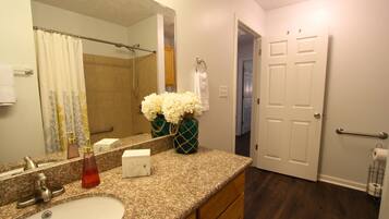 Hair dryer, towels, soap, shampoo