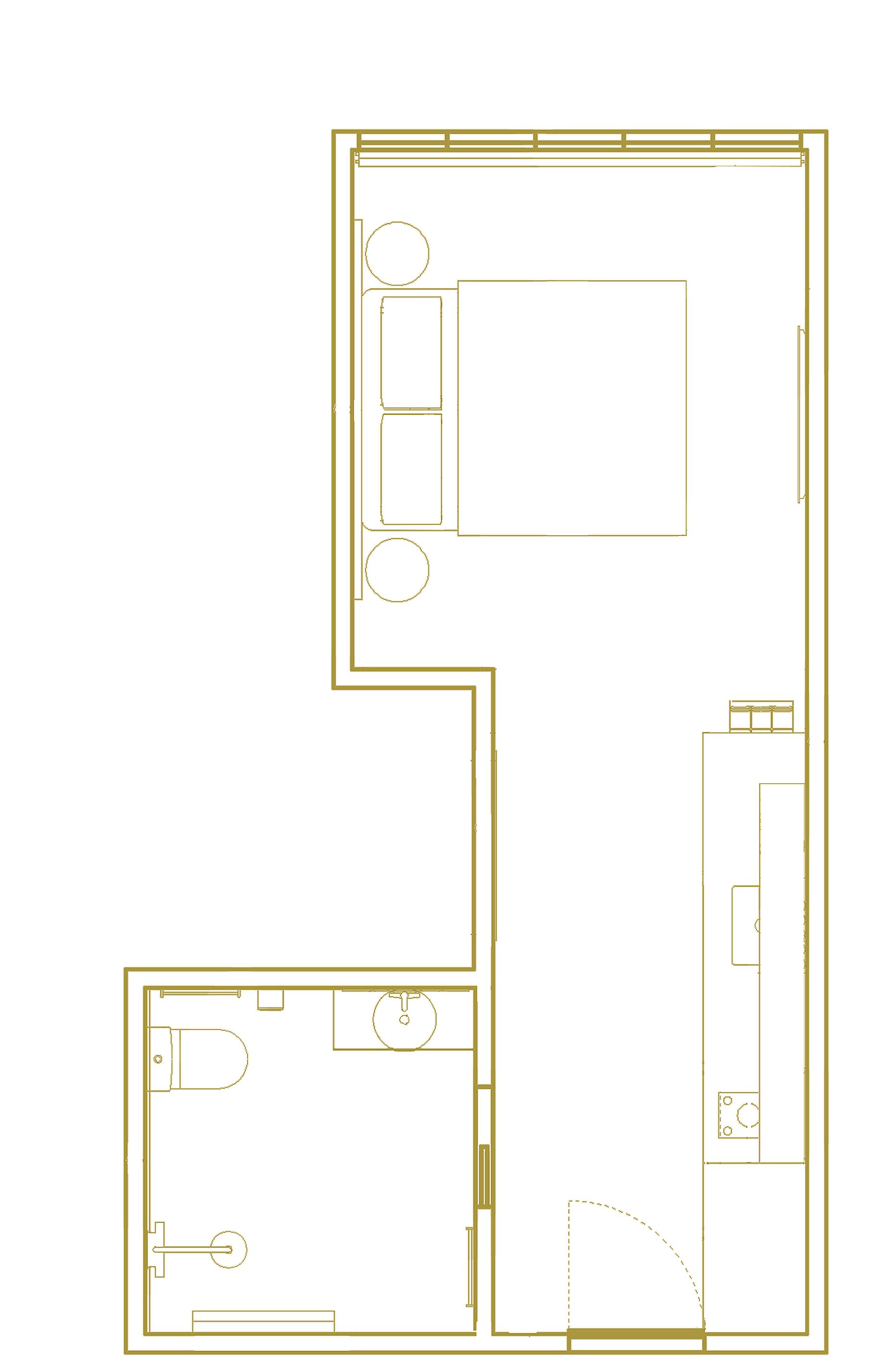 A floor plan of a hotel room with a bathroom, a kitchenette, and a seating area.