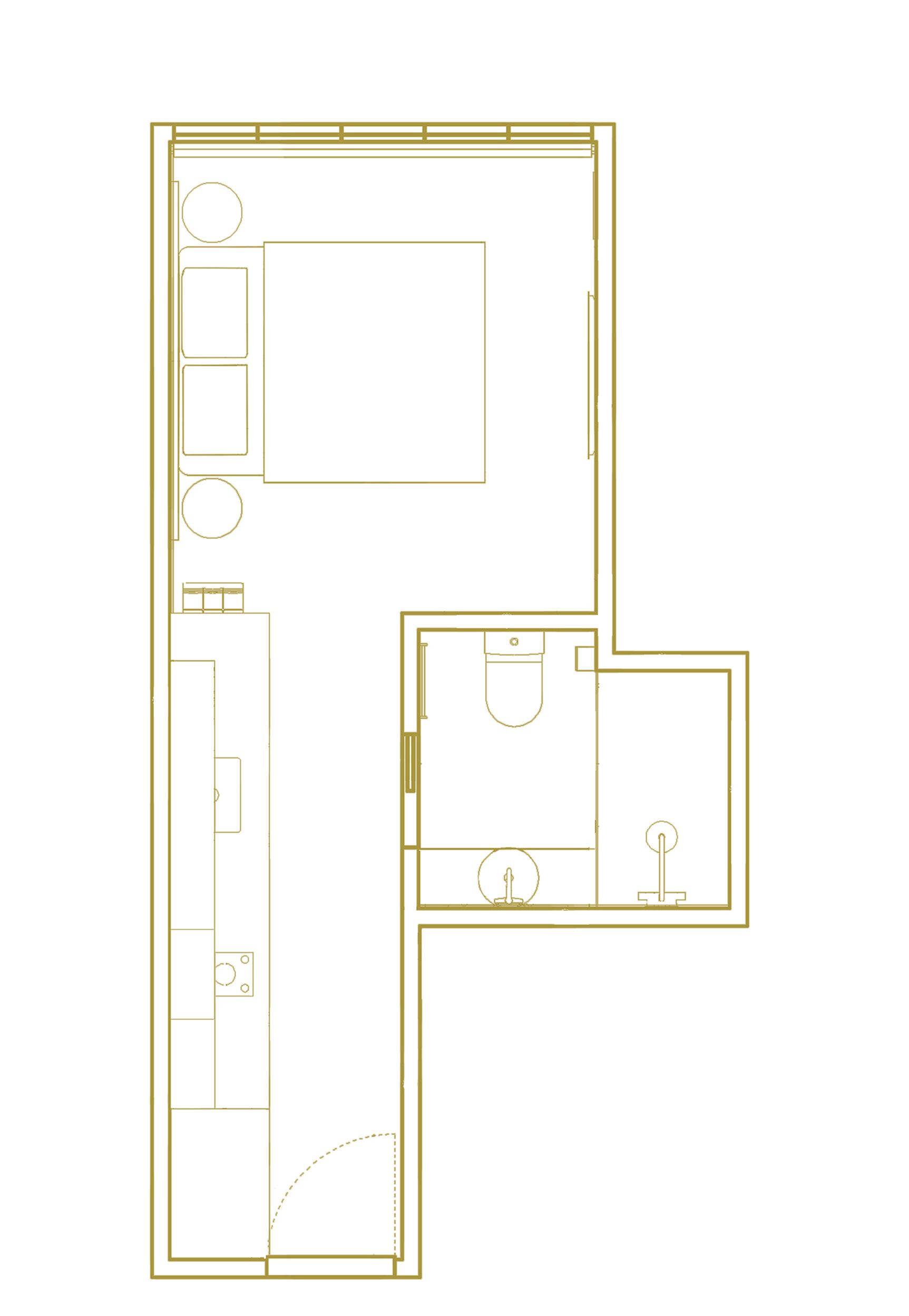 Plànol d'una habitació d'hotel amb un llit gran, escriptori, cadira, armari i bany.