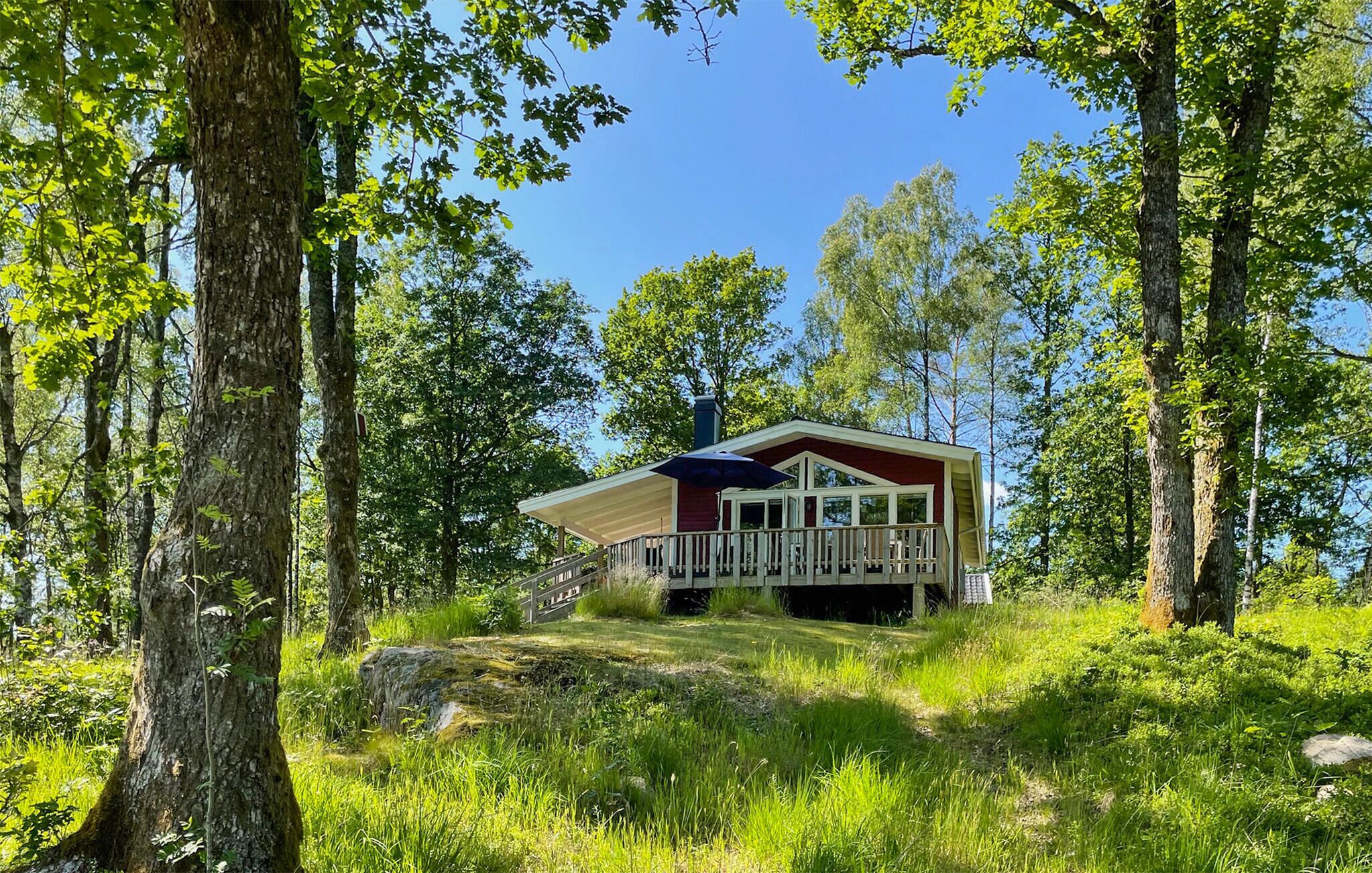 A cabin surrounded by tall trees with a covered porch and a staircase leading to the entrance.
