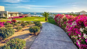 Un jardin aménagé avec un sentier menant à une zone de piscine, entouré de fleurs aux couleurs vives et offrant une vue sur la mer.