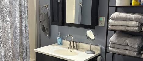 Hair dryer, towels, toilet paper