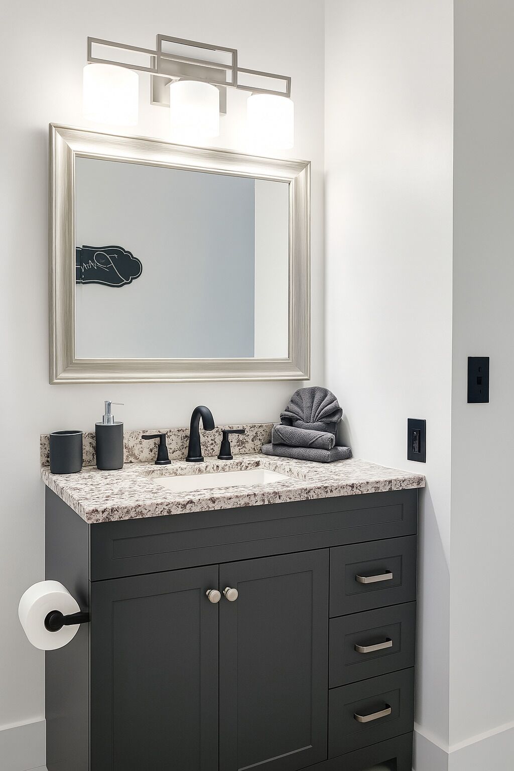 Une salle de bain dotée d’un grand miroir, d’un comptoir en granit, d’un meuble-lavabo foncé et d’un porte-serviettes.