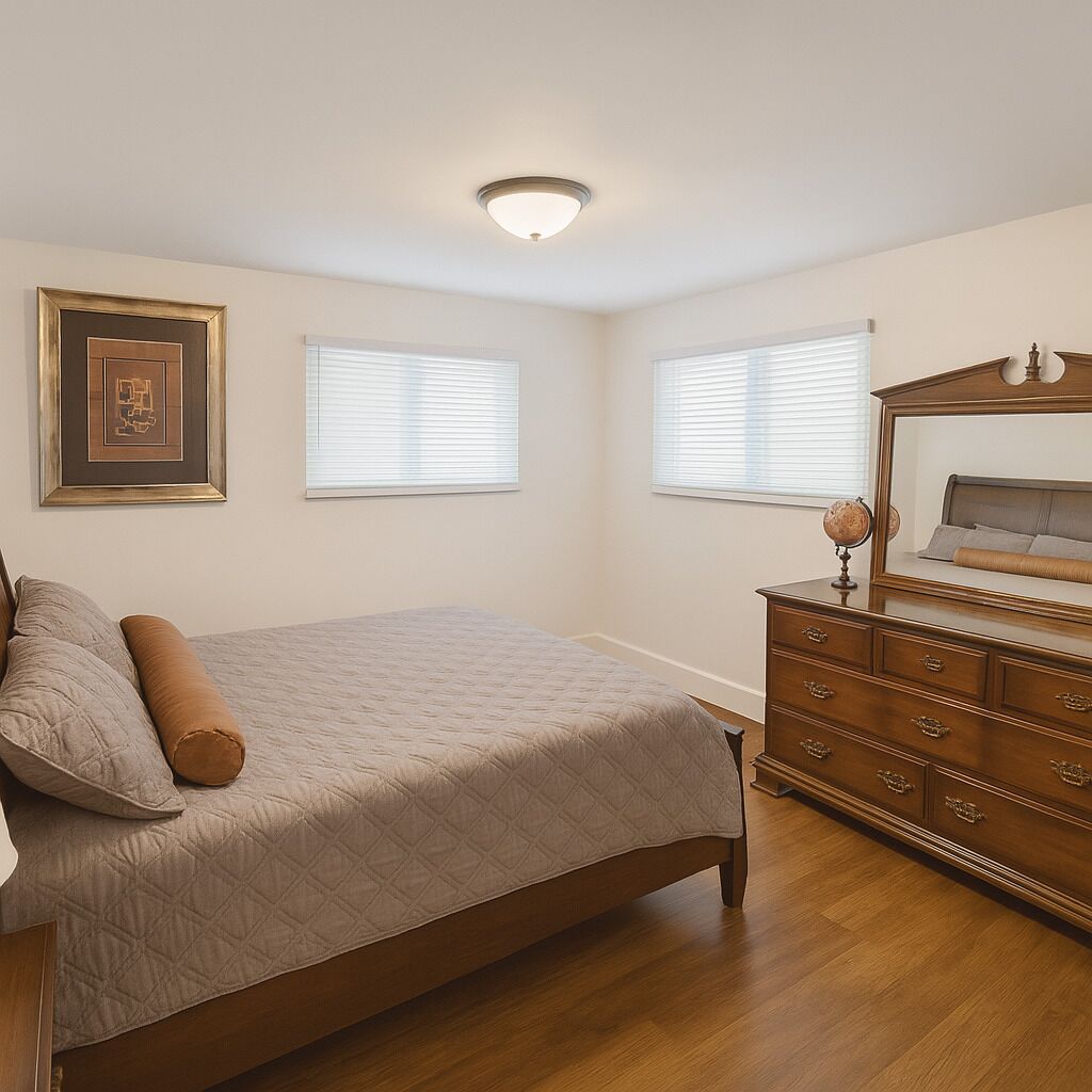 A bedroom with a bed, dresser, and two windows with blinds.