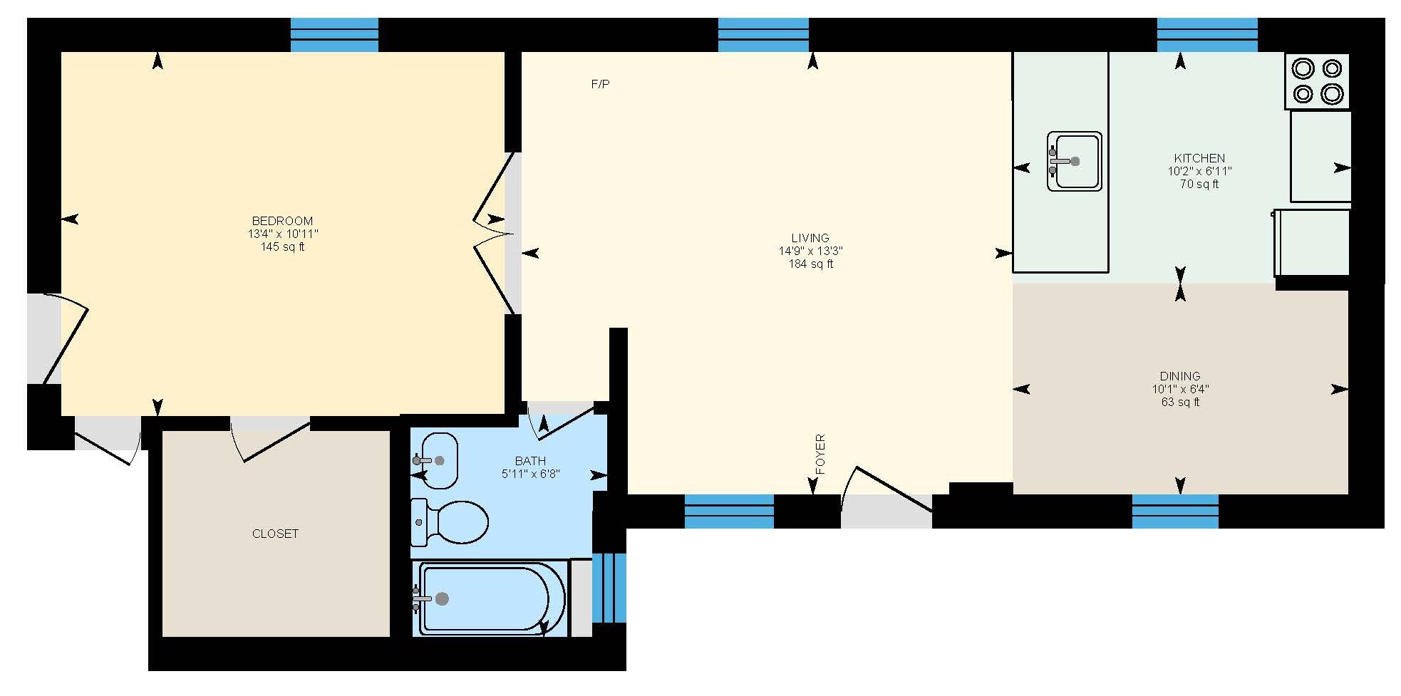 A floor plan with a bedroom (145 sq ft), living room (184 sq ft), kitchen (70 sq ft), dining area (63 sq ft), bathroom (5'11" x 6'8"), and closet.