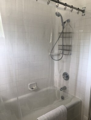 Hair dryer, towels, soap, shampoo