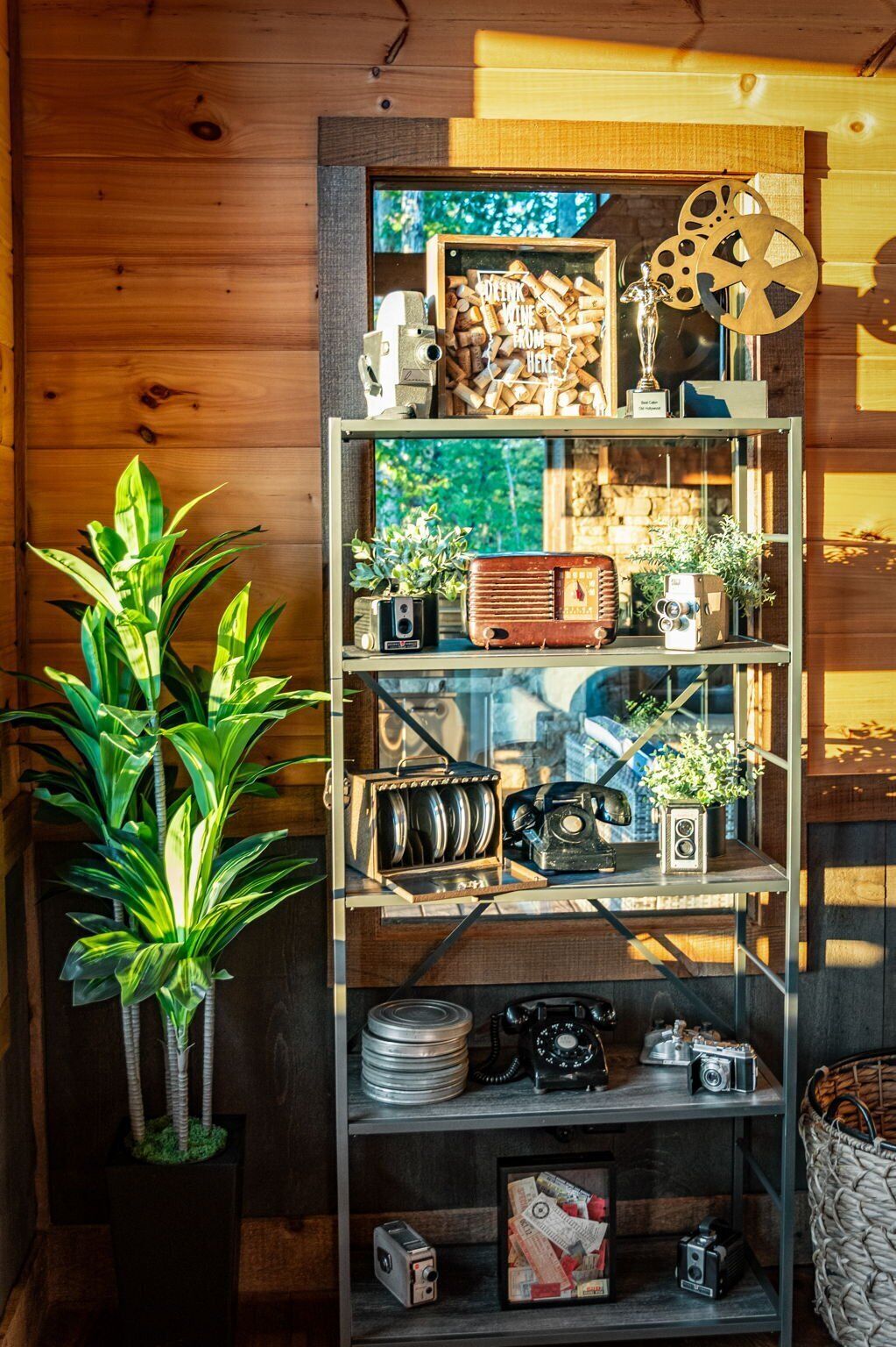 Et træpanelt interiør med en hylde, hvor der står vintage radioer, et kamera og en plante.