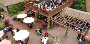 Dine al fresco amidst lush greenery and a thatched roof, surrounded by tables and chairs under shaded umbrellas.