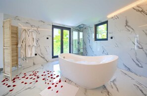 Tina con regadera, secadora de cabello, toallas 