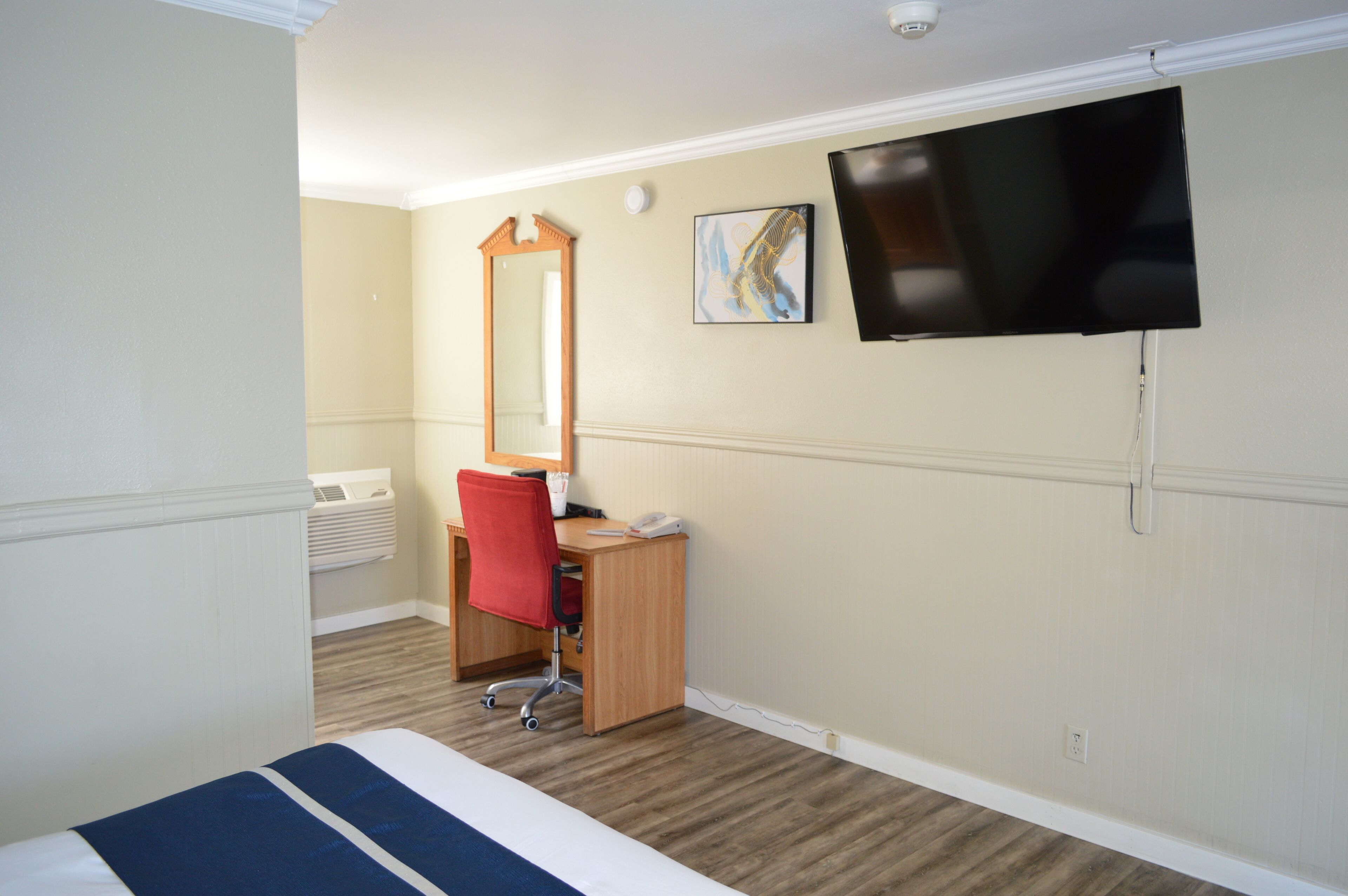 A hotel room with a bed, a desk, a chair, a television, a mirror, and a radiator.