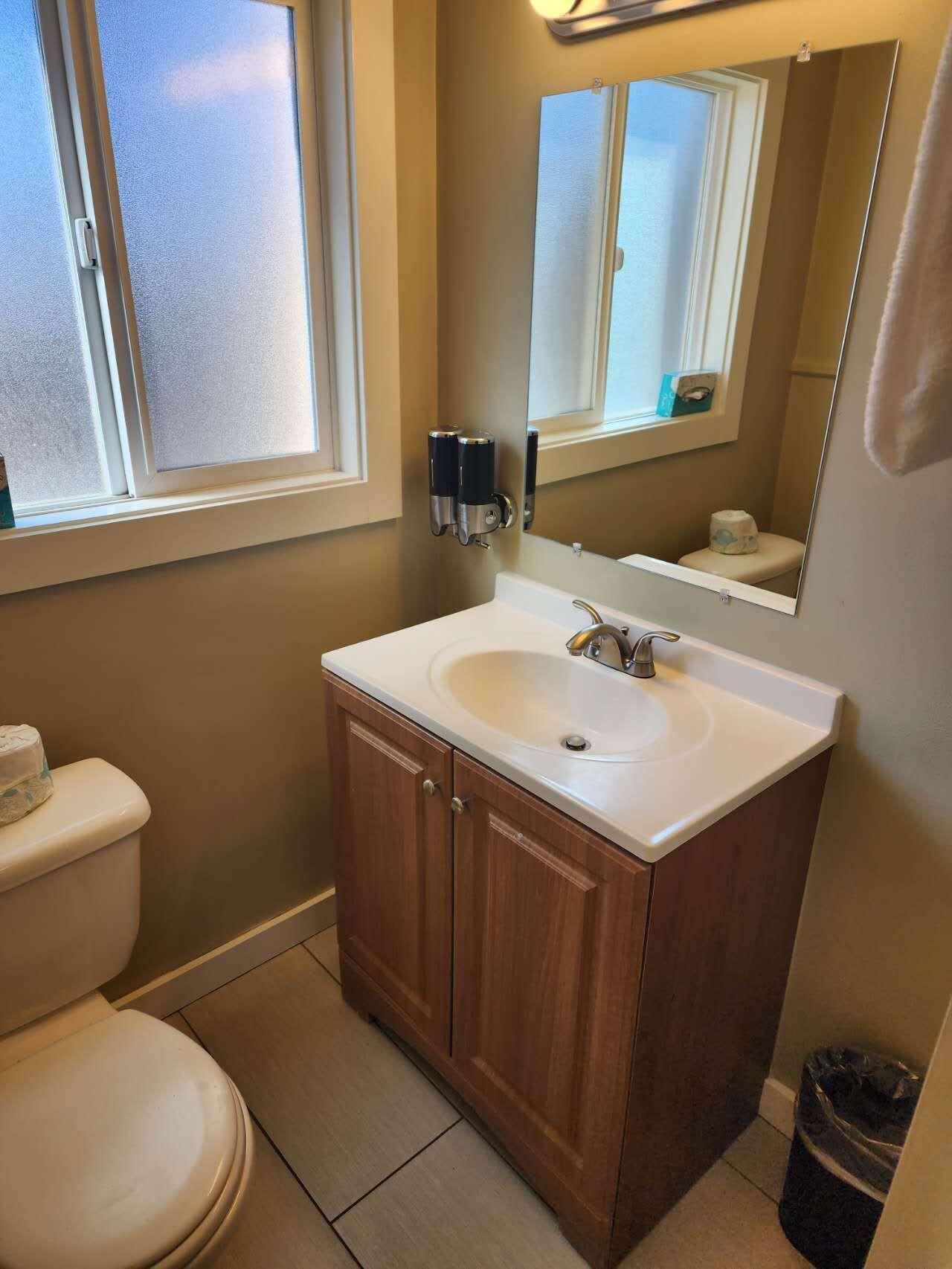 A bathroom with a toilet, sink, and mirror.