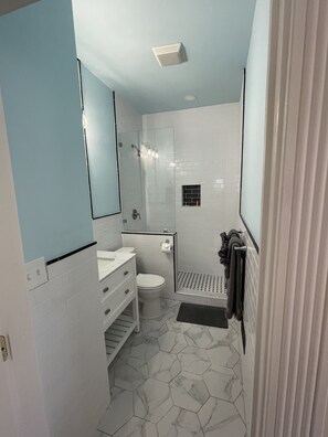 Regadera, secadora de cabello, bidet, toallas 