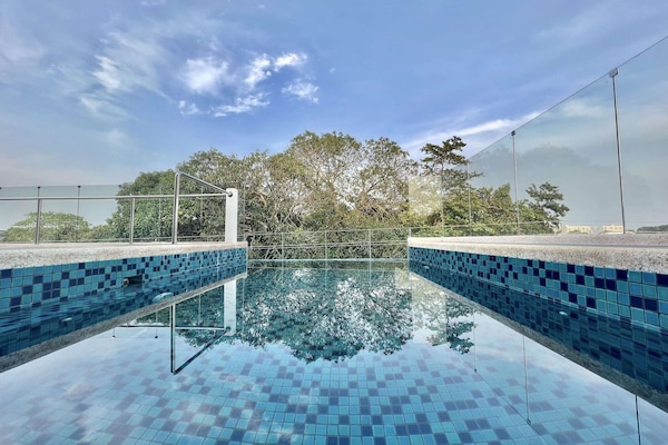 Piscine extérieure, chaises longues