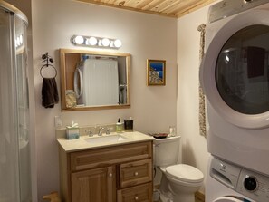Shower, hair dryer, towels, soap - Northwoods Cabin on a Private Lake: "The Refuge at North Padre" (Bigfork)