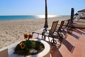 Een strandlounge met ligbedden en een decoratieve plantenbak met bloemen.