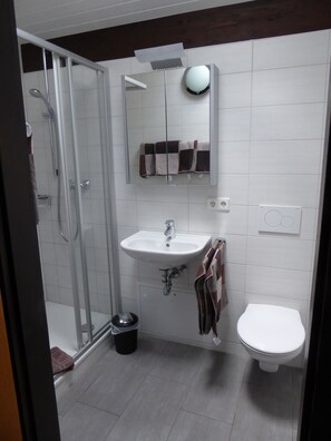 Un baño con cabina de ducha de vidrio, un lavabo, un inodoro y un espejo.