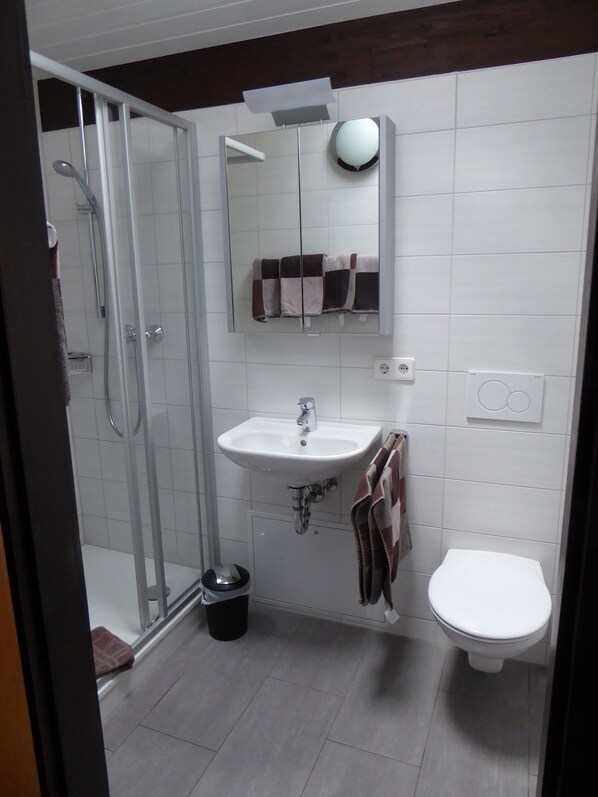 Une salle de bain avec une douche à parois de verre, un lavabo, des toilettes et un miroir.