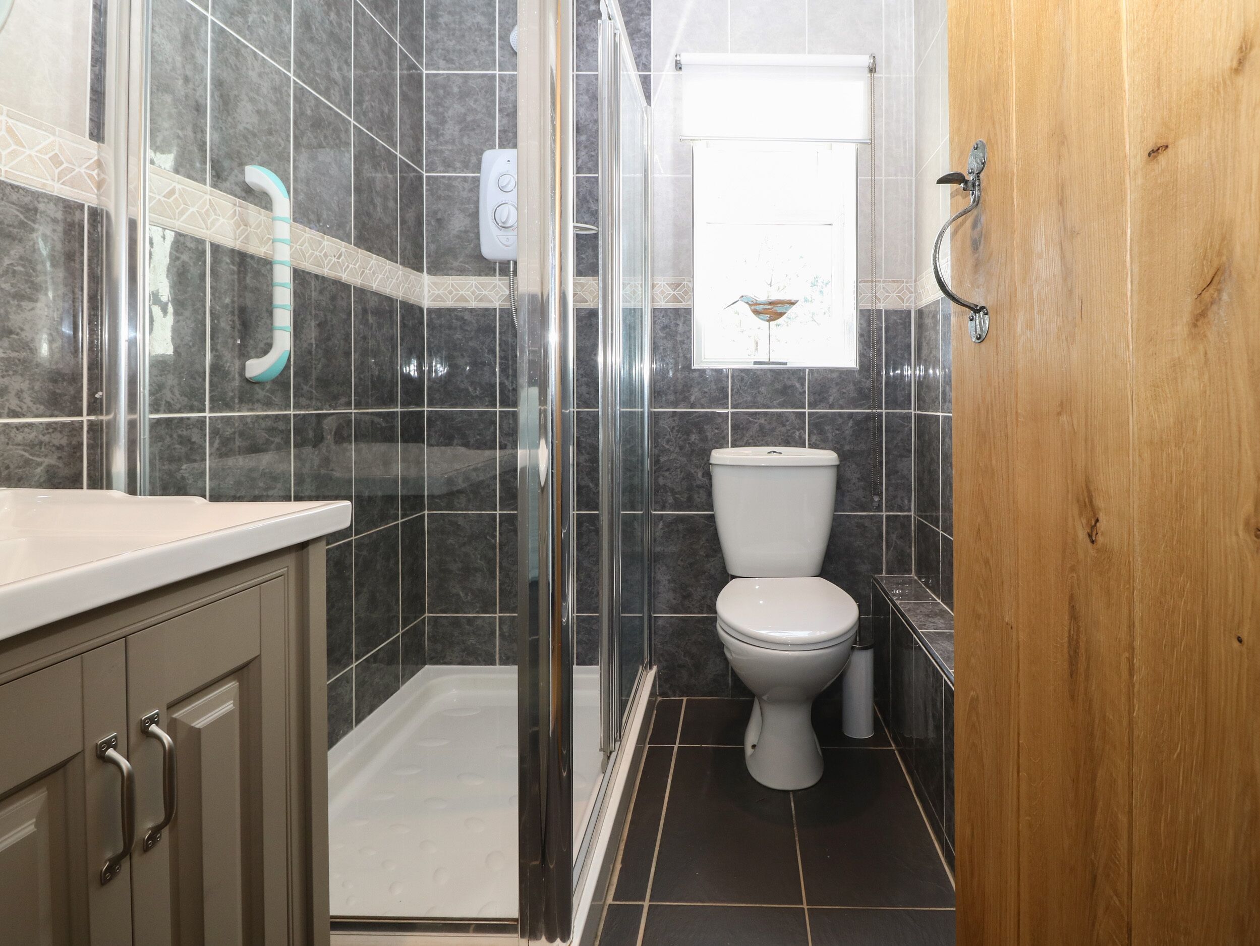 A bathroom with a shower, toilet, and vanity.