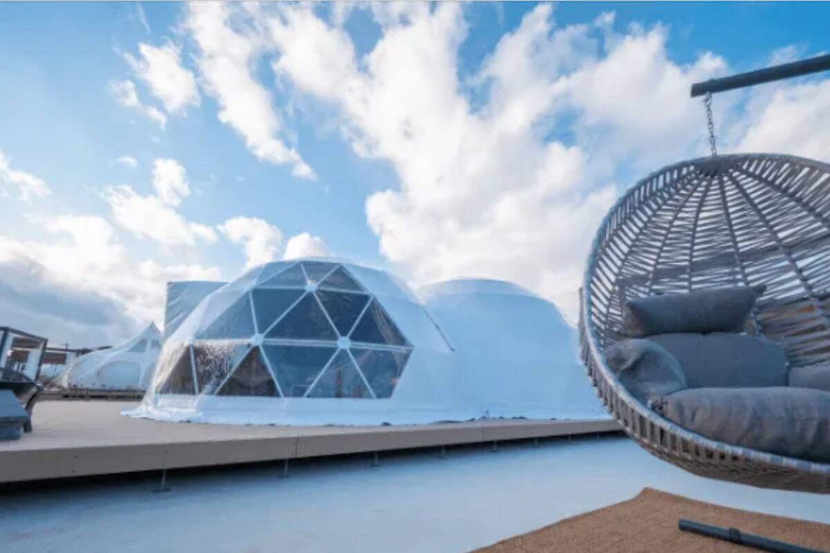 A modern structure with a dome-like roof, a hanging chair, and a flat surface.