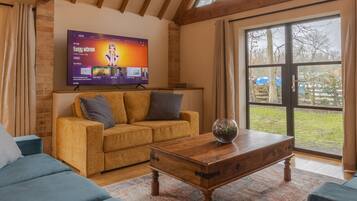 Flat-screen TV, fireplace