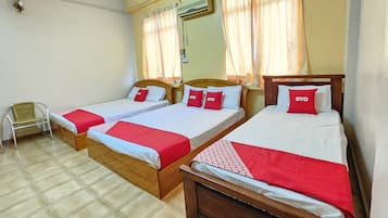 Desk, laptop workspace, blackout curtains, free WiFi