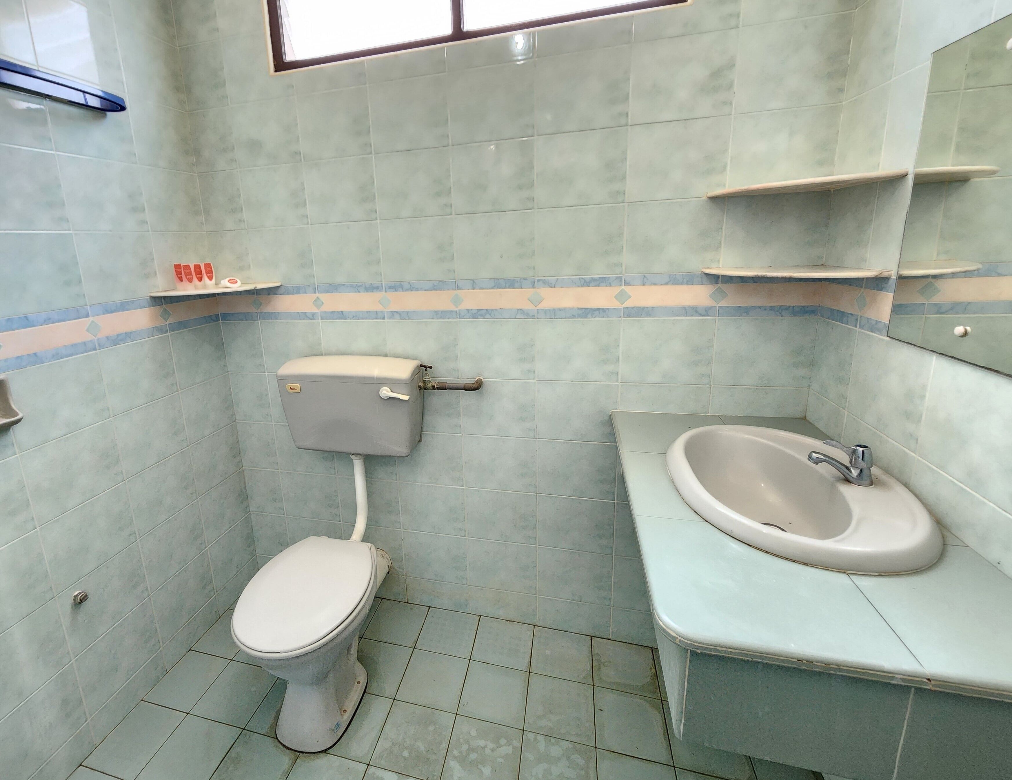 Un baño con inodoro, lavamanos y espejo.